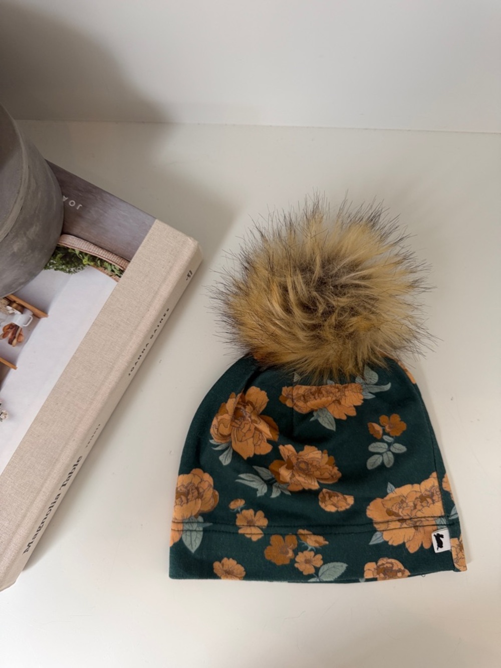 Little & Lively Toddler Floral Pom Beanie - Dark Green with Mustard Flowers